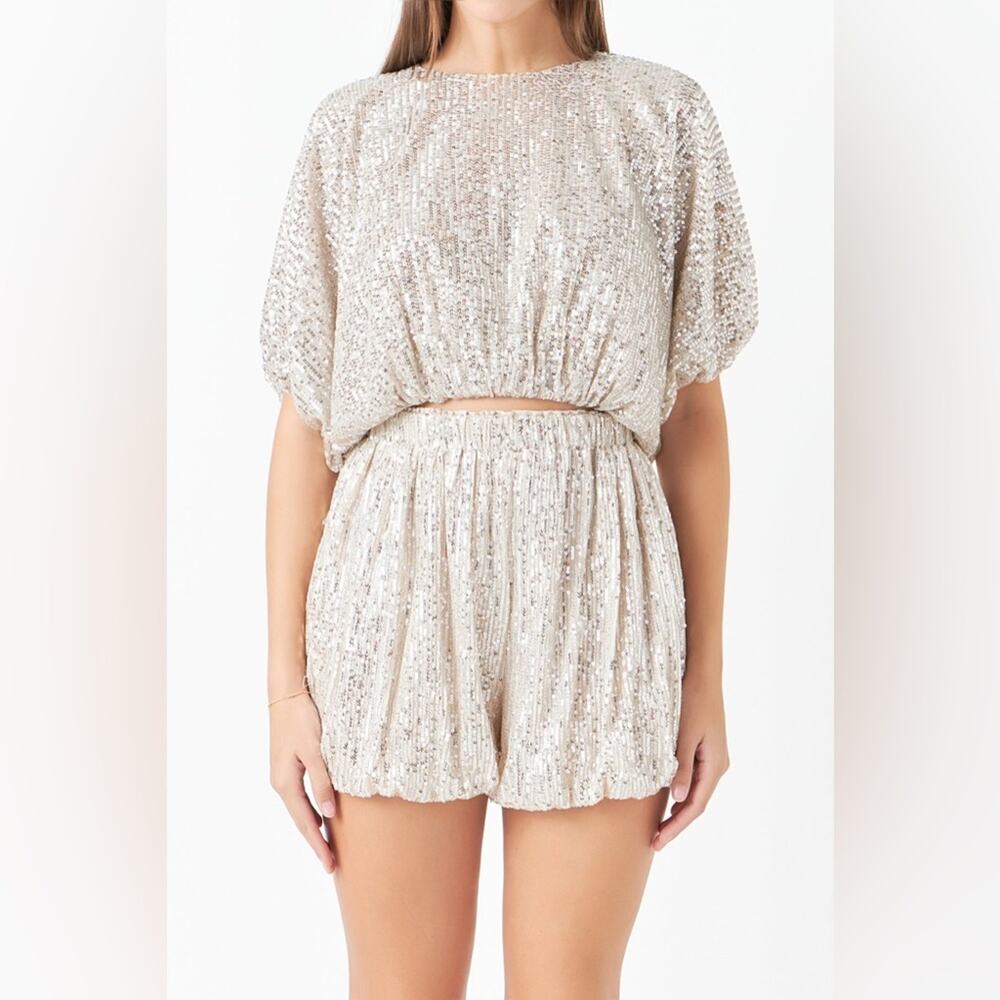 Endless Rose two piece sequin set blousen shorts cropped puff top champagne S